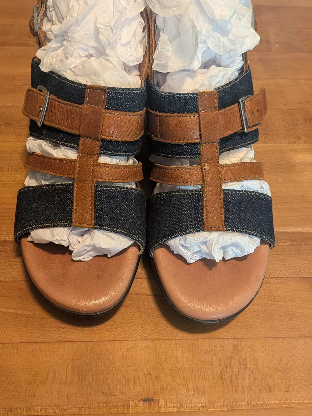 SAS San Antonio Shoemakers Denim Blue & Brown Leather Wedge Sandals Size 10M